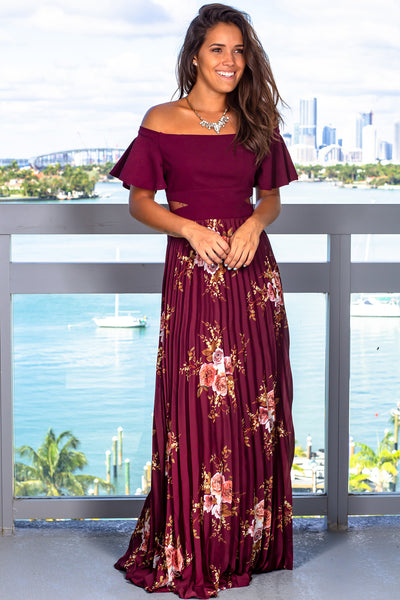 Burgundy Floral Pleated Maxi Dress with ...